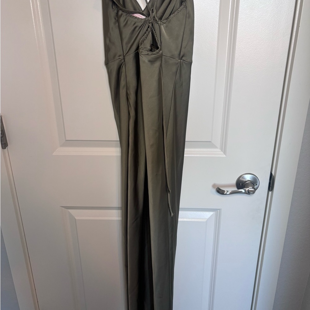 SHOWPO Nylah Cowl Neck Double Strap Asymmetrical Dark Olive Satin Dress - Picture 5 of 6
